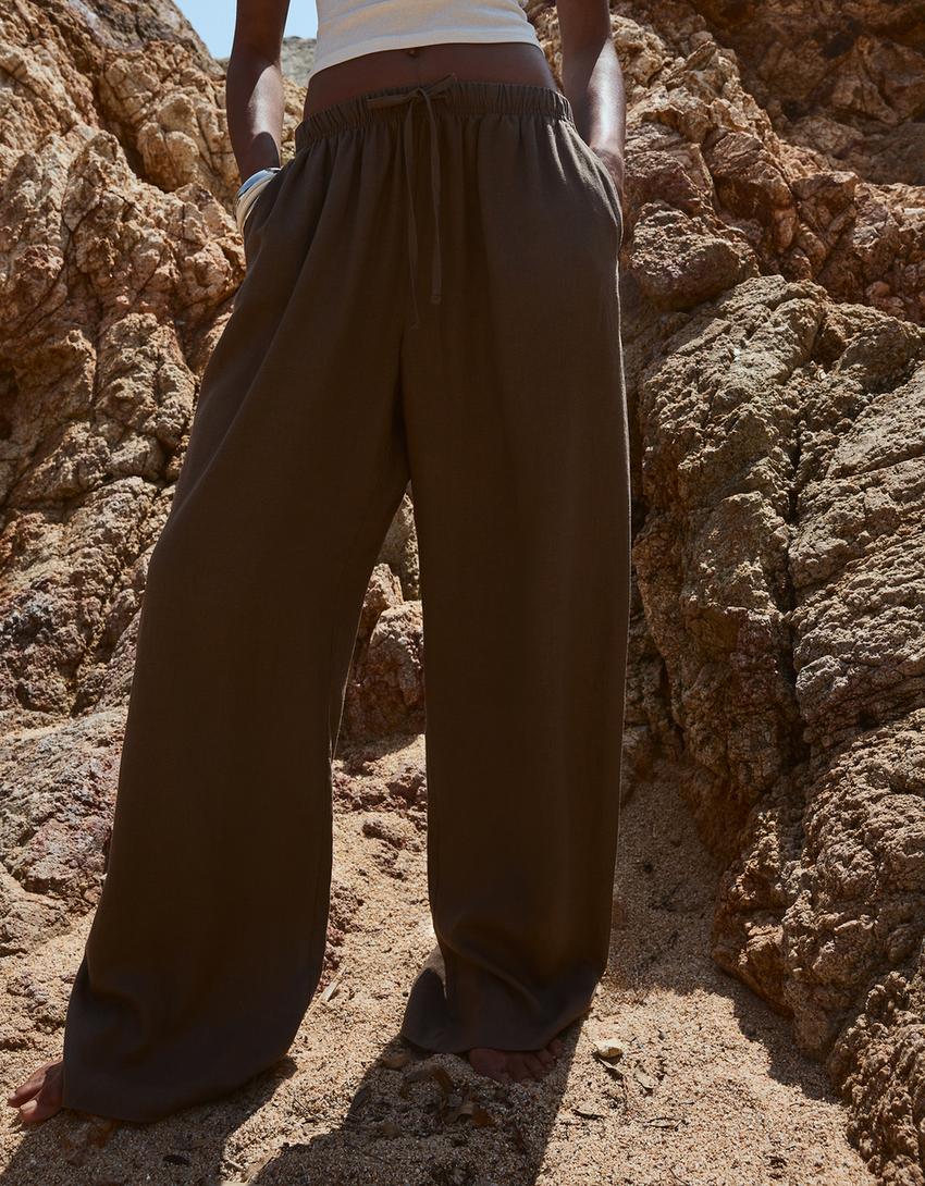 Pantalon lin taille élastique-Sable-1