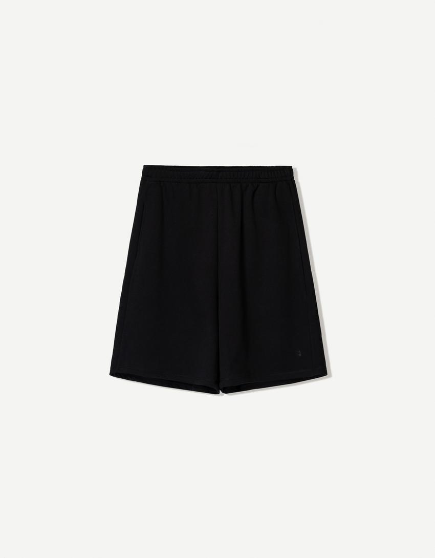 Plush Bermuda shorts with embroidery-Black