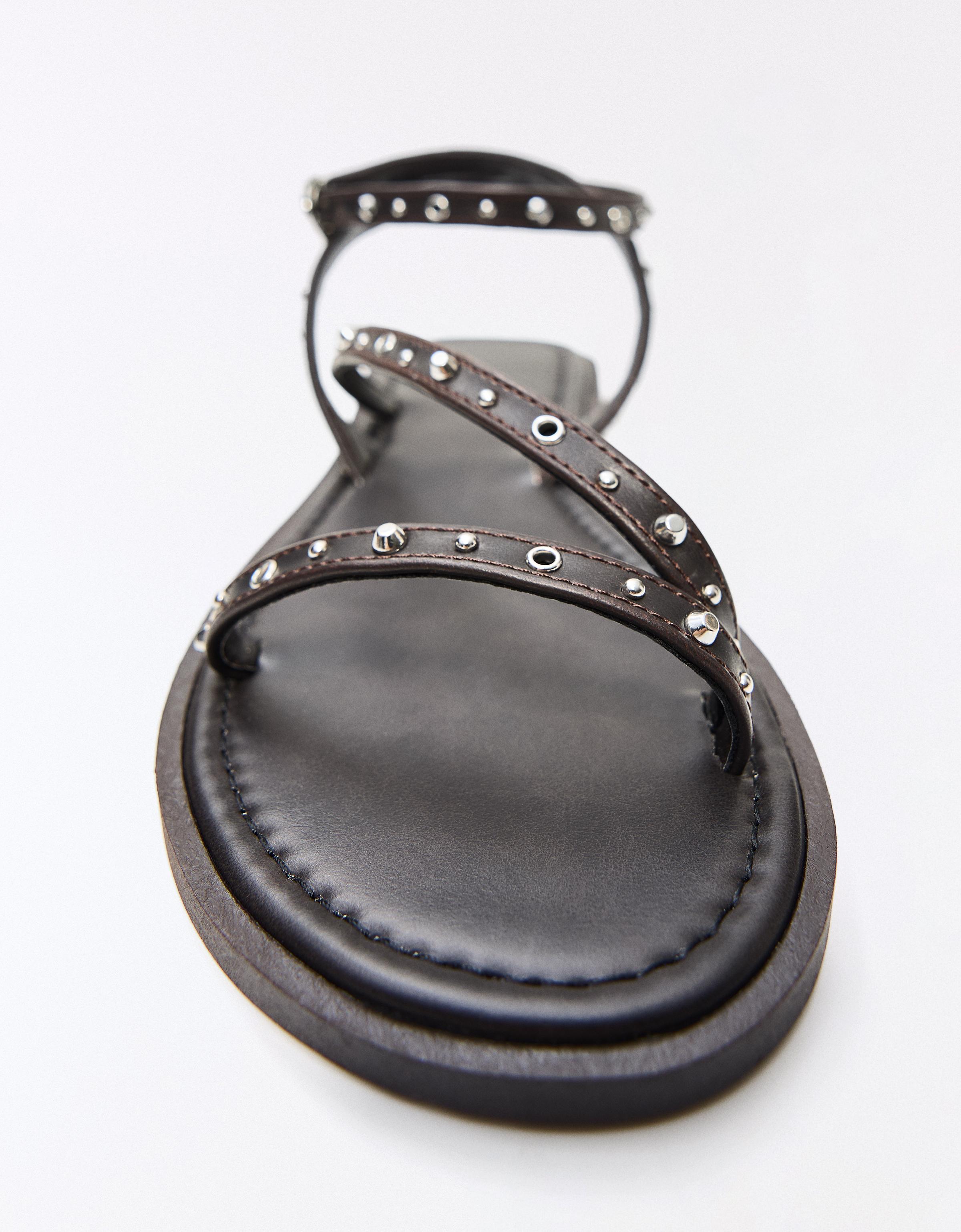 MULTISTRAP STUDDED FLAT SANDALS — Brown