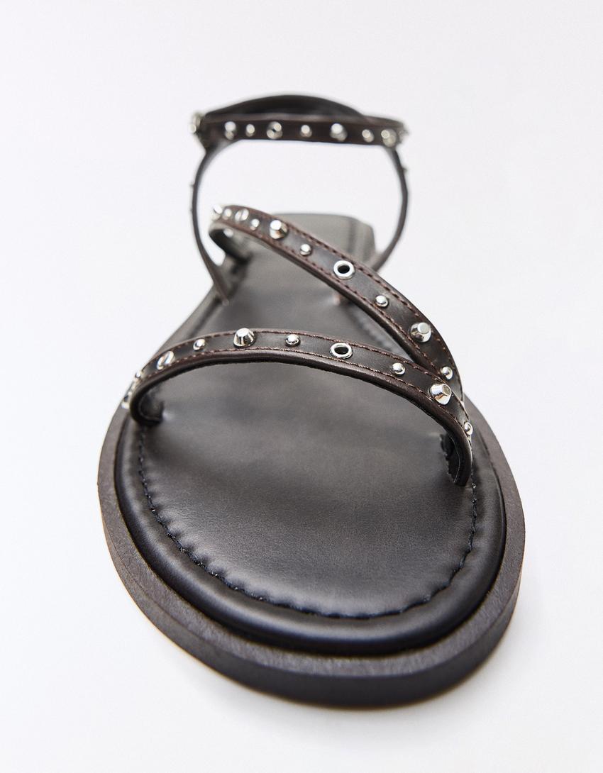 Flat multi-strap studded sandals-Brown