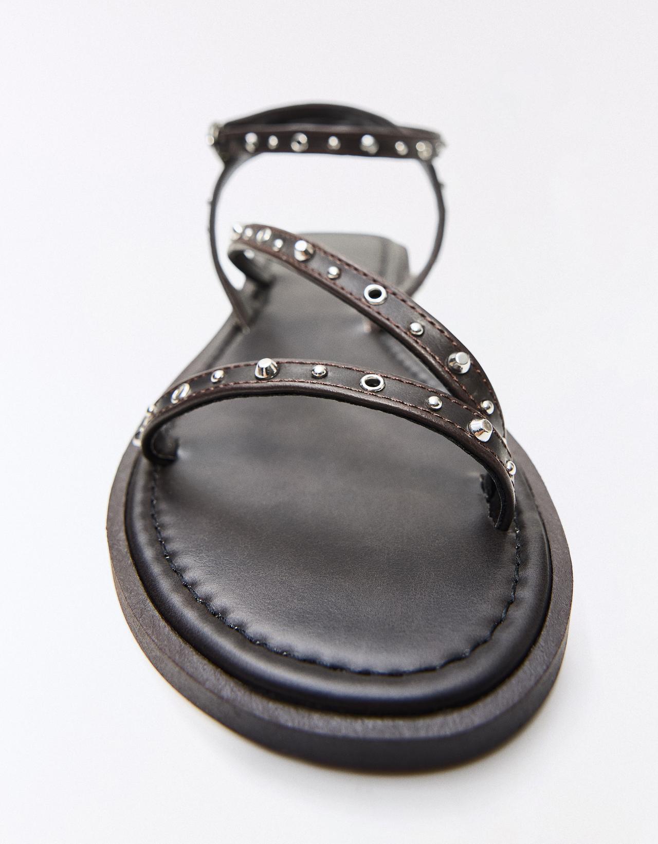 MULTISTRAP STUDDED FLAT SANDALS — Brown