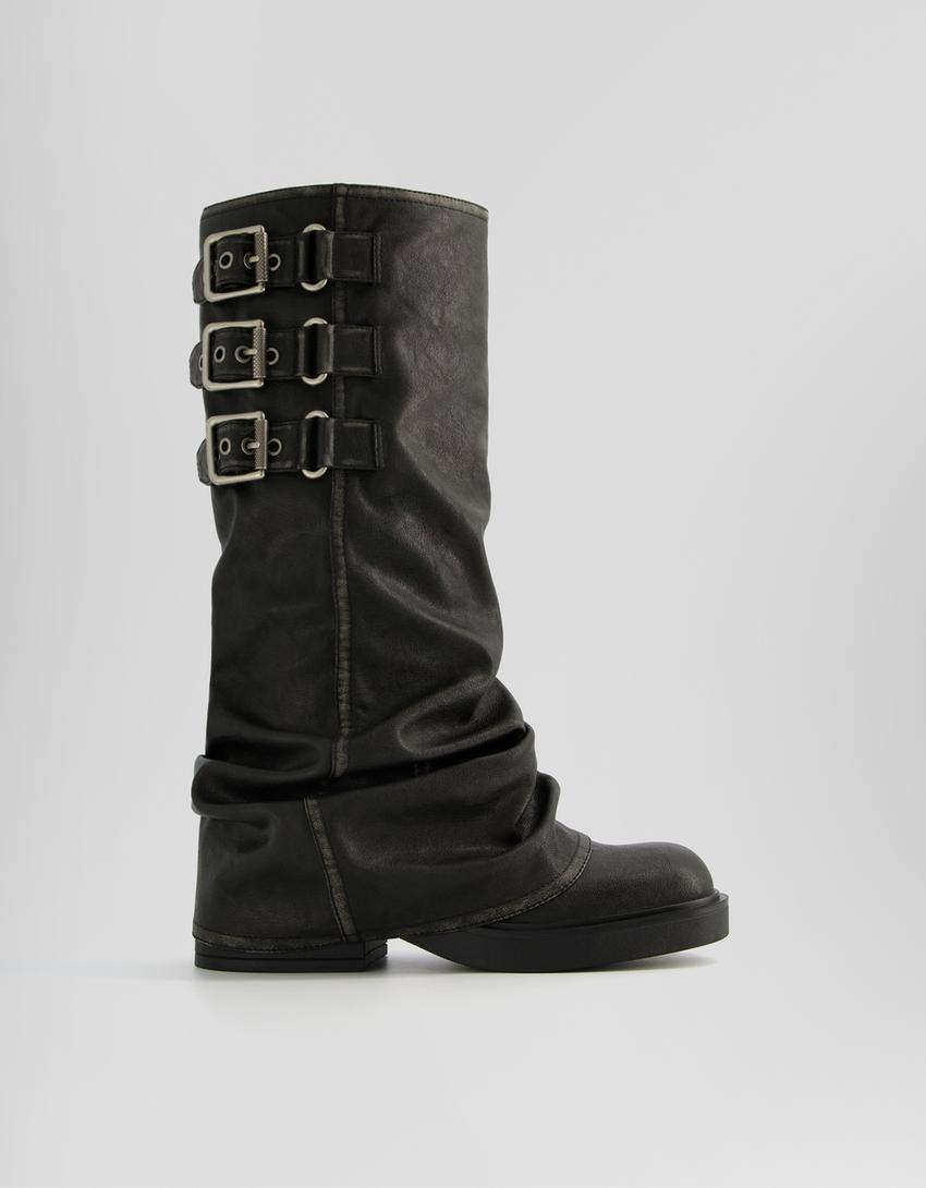 Flat slouchy biker boots with buckles-BLACK