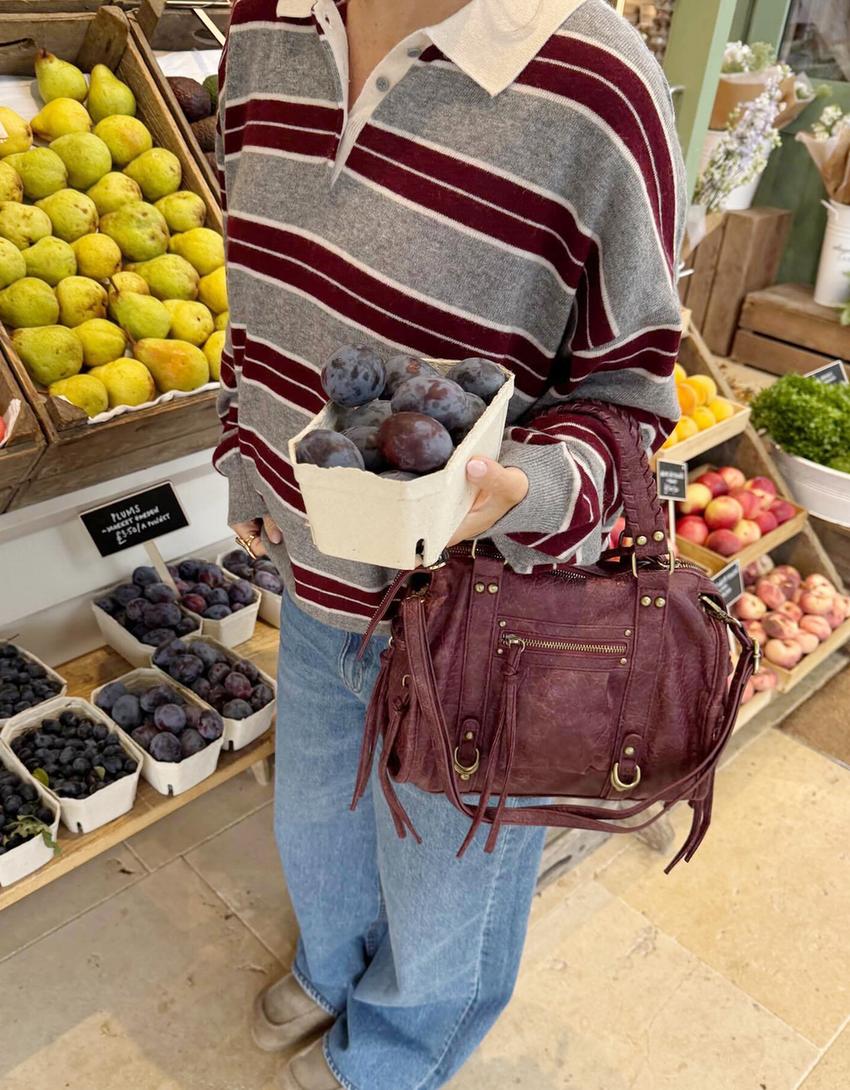 Bolso bowling efecto gastado tiras-Burdeos