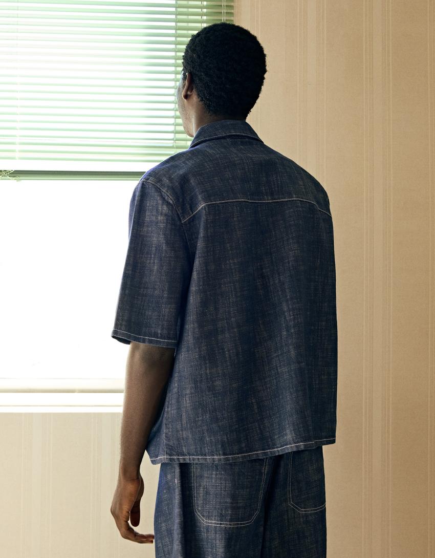 Short sleeve denim shirt with clasp fasteners-Navy