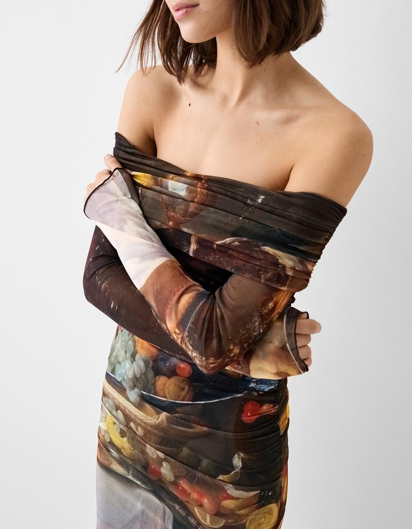 Vestido Jan Davidszoon de Heem mini manga comprida bardot tule estampado-Preto-3