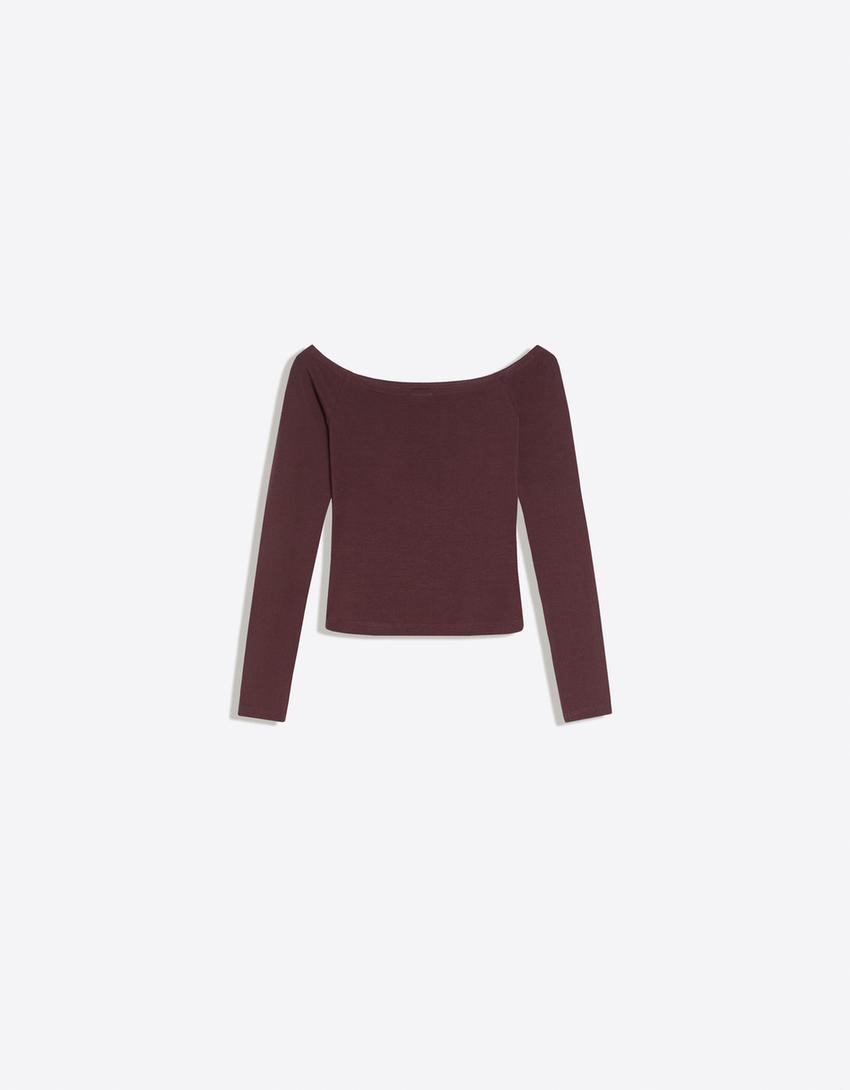 Bardot yaka uzun kollu tişört-Bordo