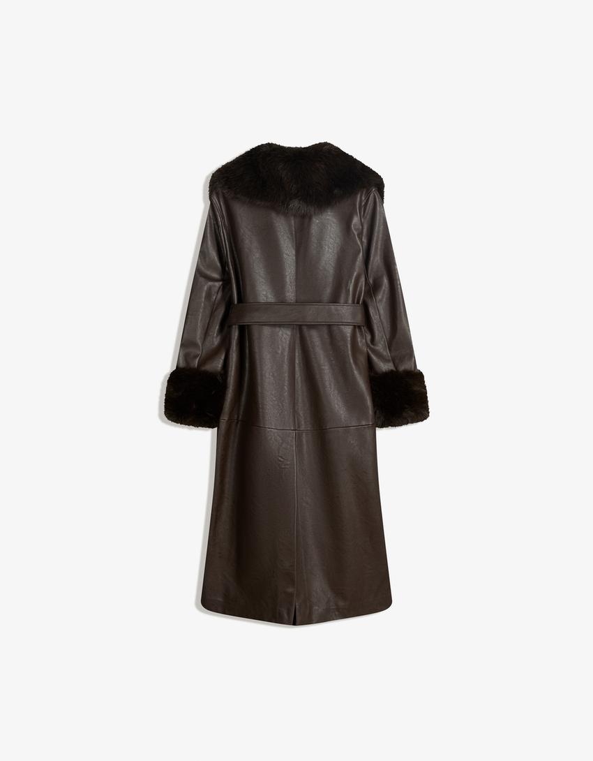 Contrast leather effect coat with faux fur-Brown