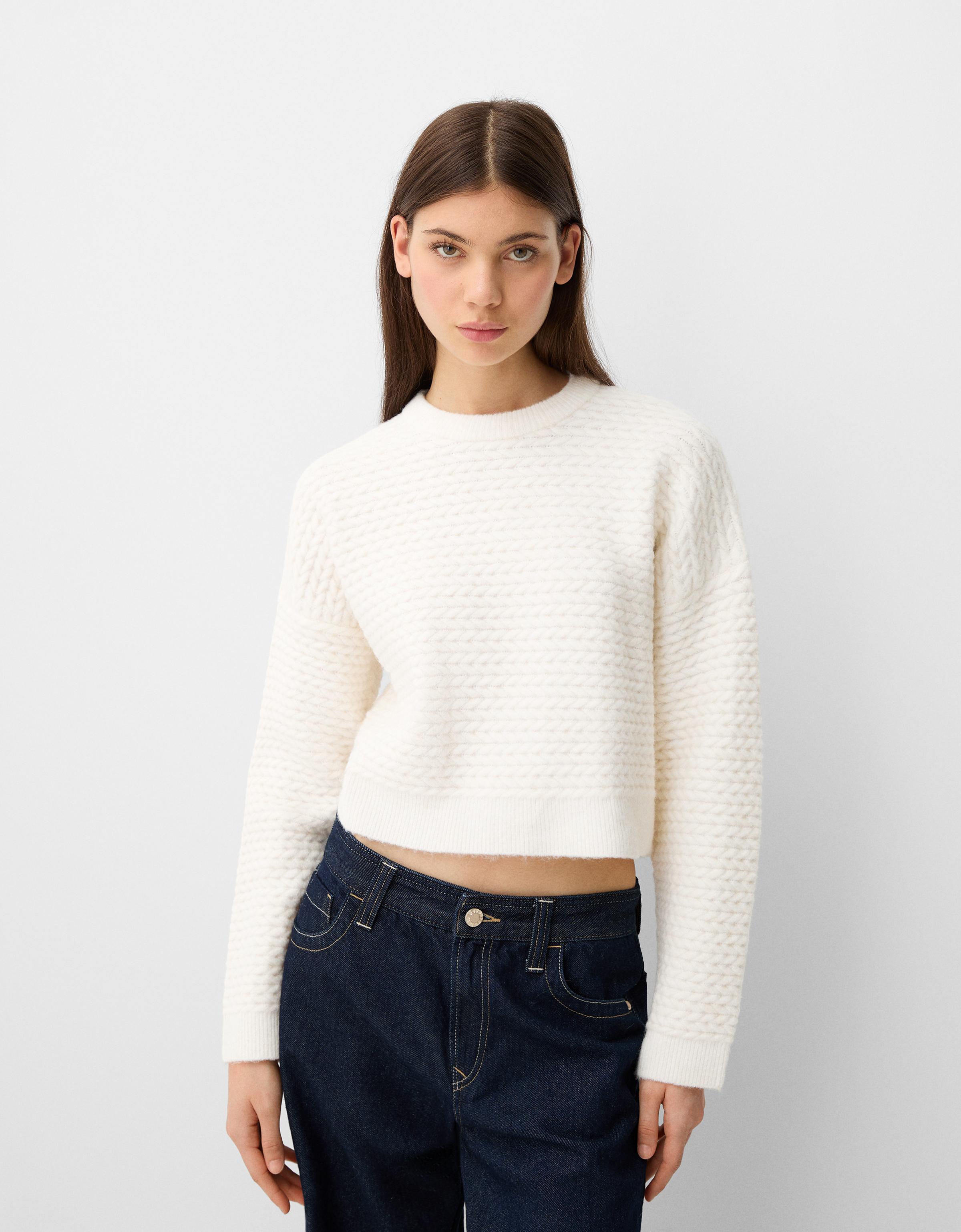 Bershka Pullover Mit Fischgrätenmuster Damen S Rohweiß