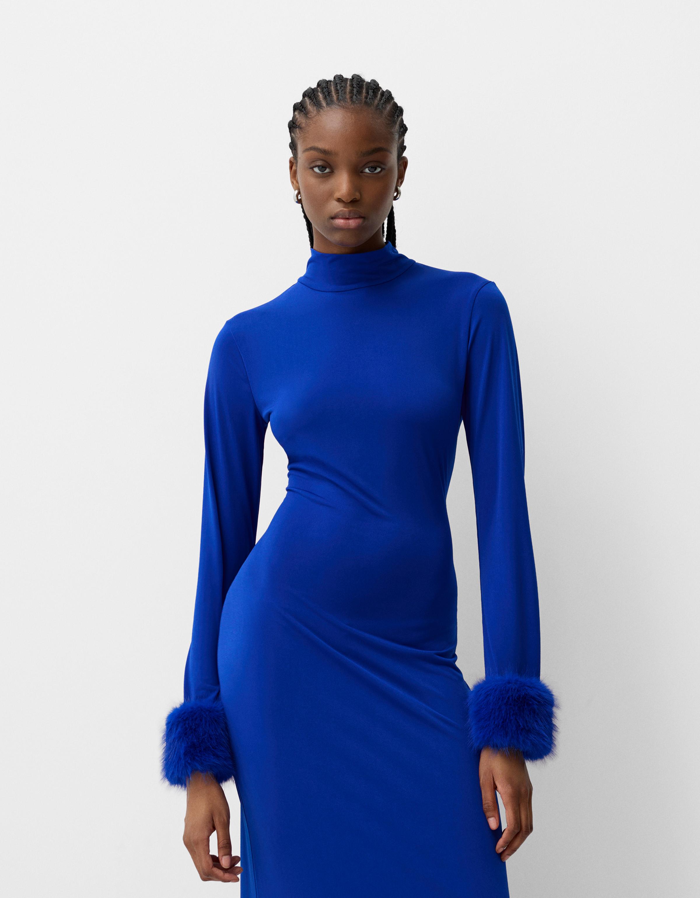 Long sleeve midi dress with faux fur cuffs Long Women Bershka