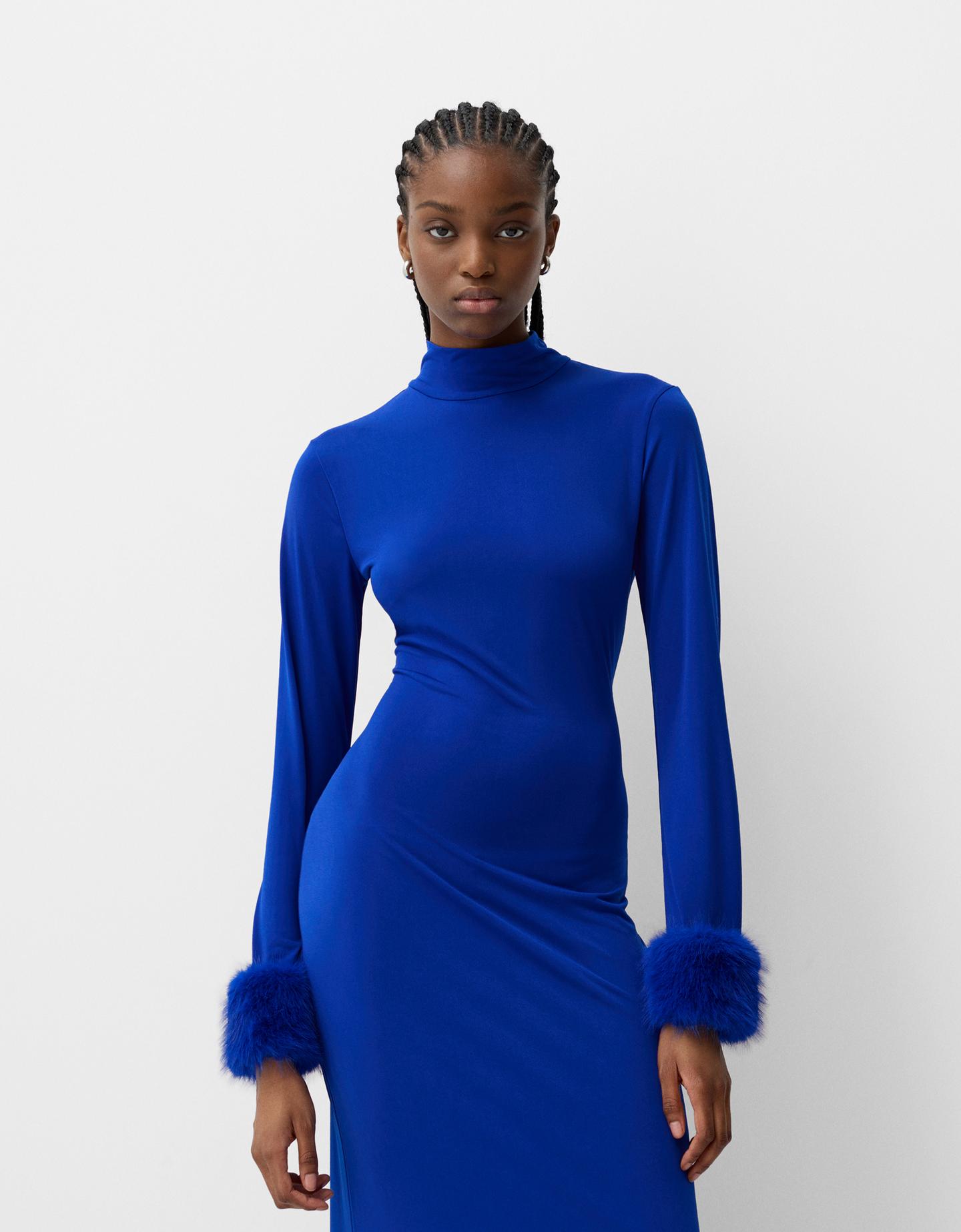 Bershka Vestido Midi Manga Larga Puño Pelo Mujer Xs Azul