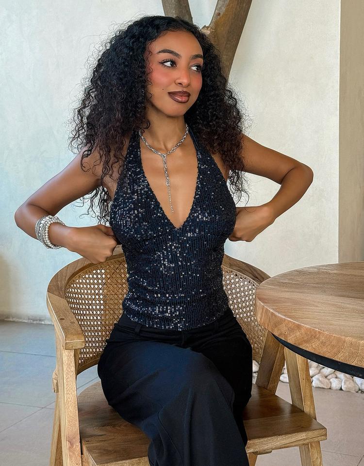 Draped halter top with sequins