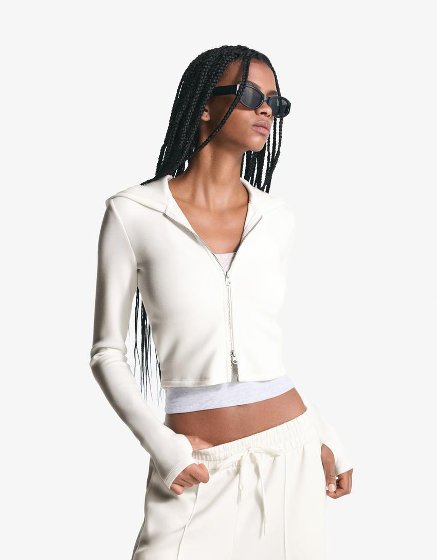 Zip-up modal blend hoodie-Cream-0