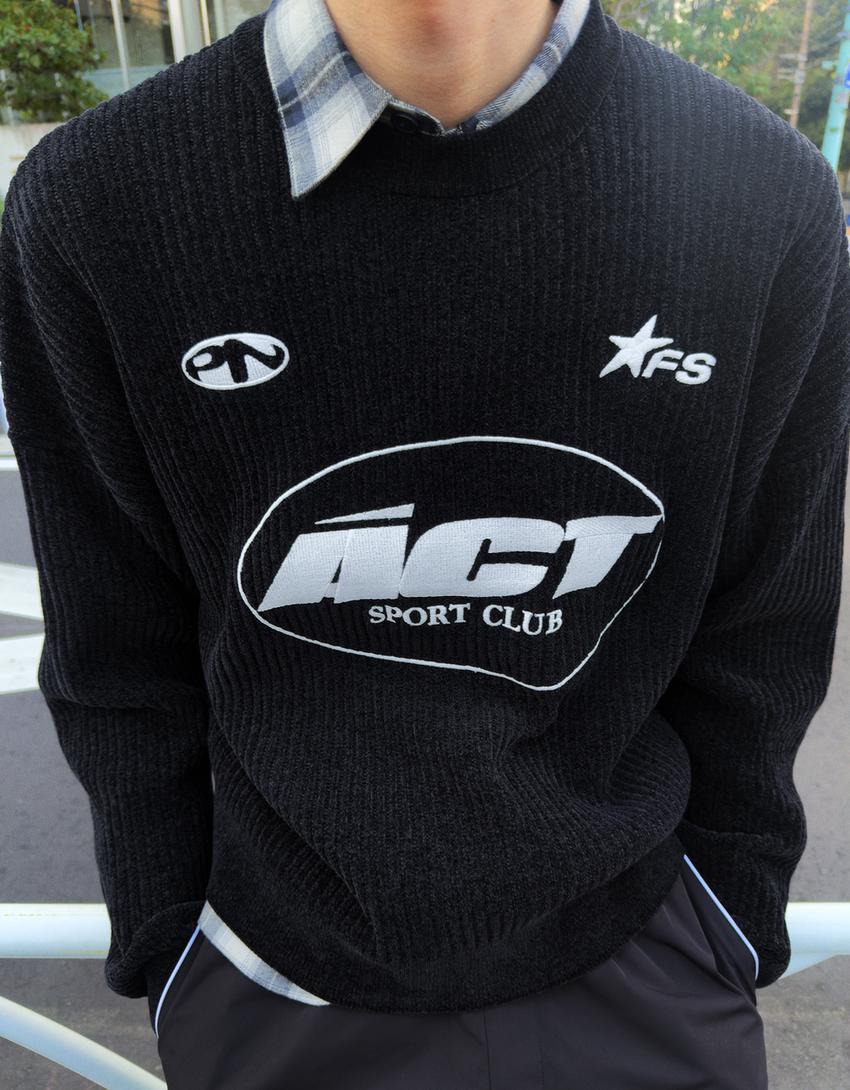 Pull col rond en chenille imprimé-Noir