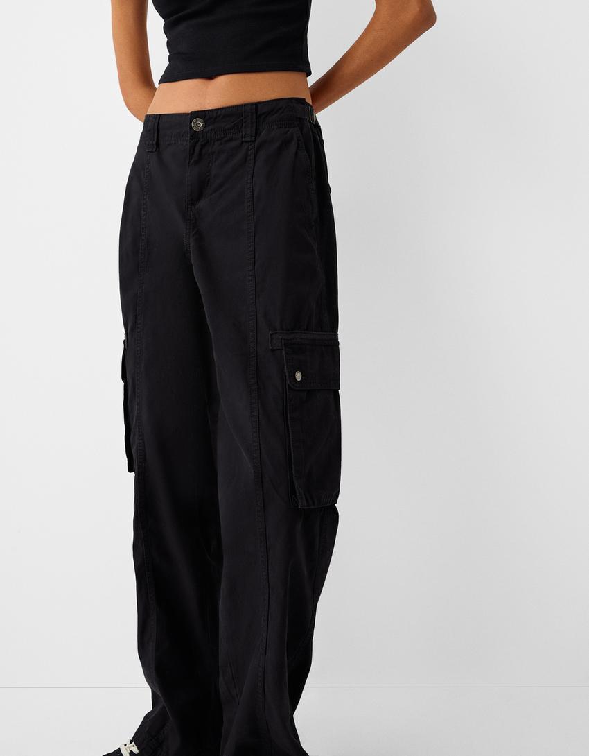 Adjustable straight-leg cotton cargo trousers-Black-3