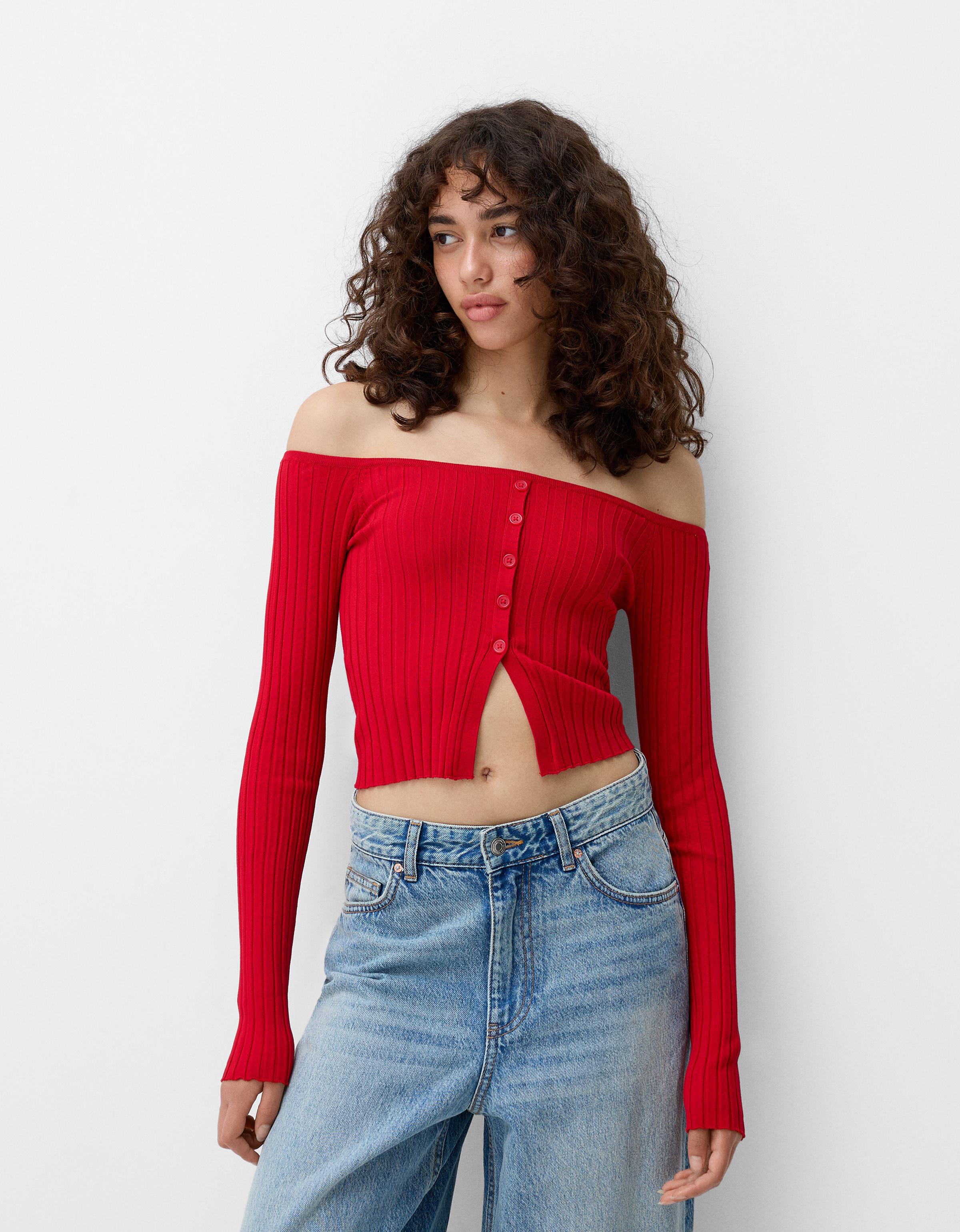 Bershka Offener Pullover Mit Carmen-Ausschnitt Und Knöpfen Damen S Rot