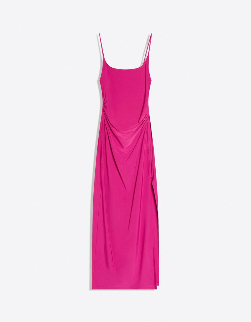 Gathered strap midi dress-Fuchsia