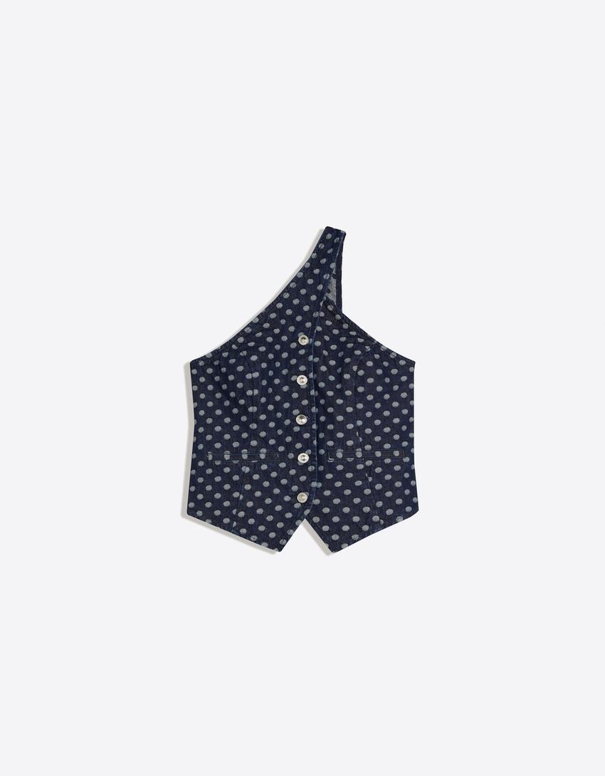 Asymmetric polka dot denim top-Navy