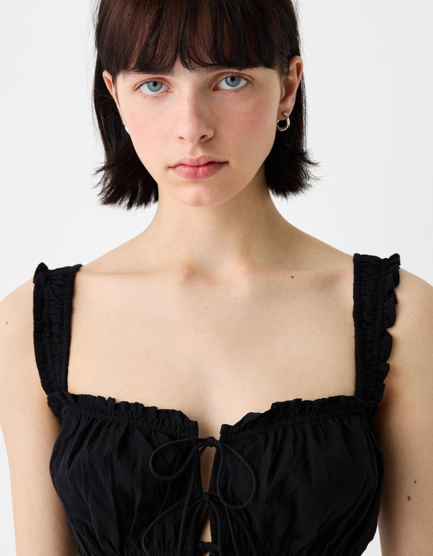 Textured striped top with tie detail-Black-2