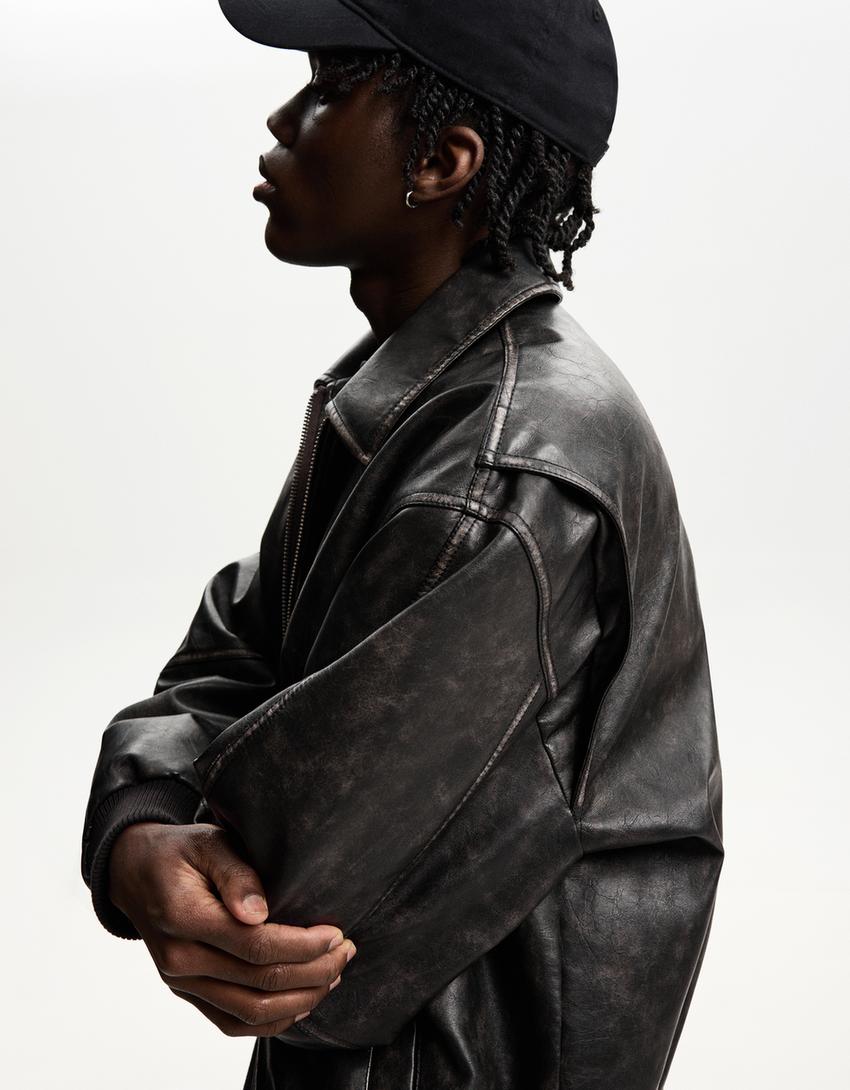 Faux leather bomber jacket-Black-2