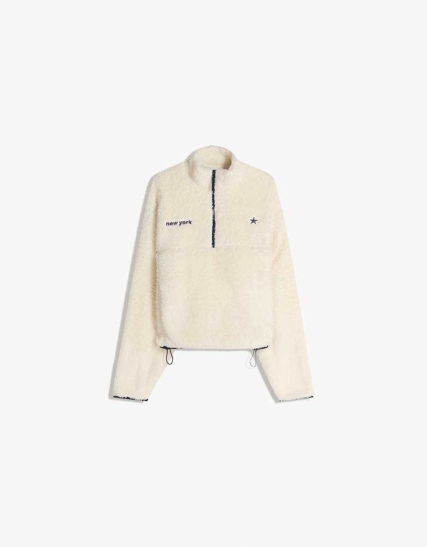 Camisola com zíper efeito de pele de carneiro barra ajustável-Cru