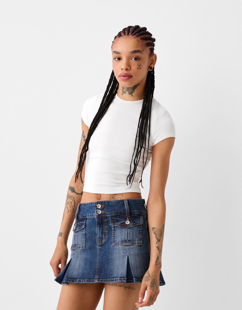 تنورة قصيرة كارغو بكسرات-أزرق مغسول من الخارج-1