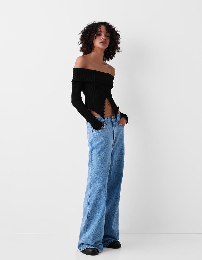 سويتر بياقة باردو وأكمام طويلة-أسود-3