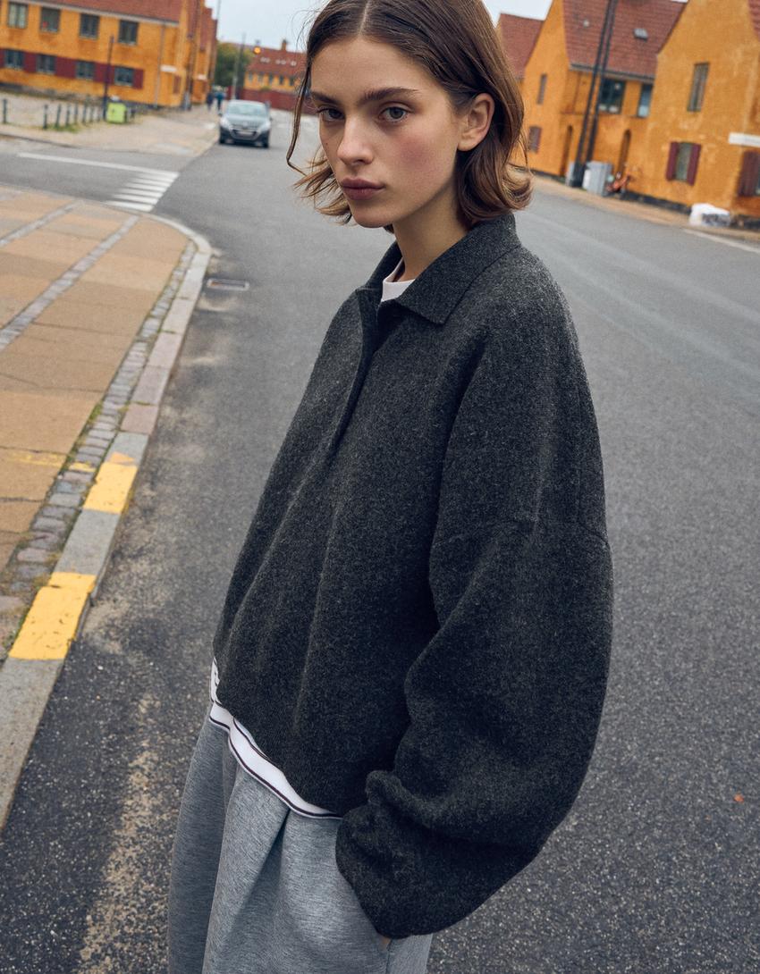 Boxy polo collar jumper-Grey