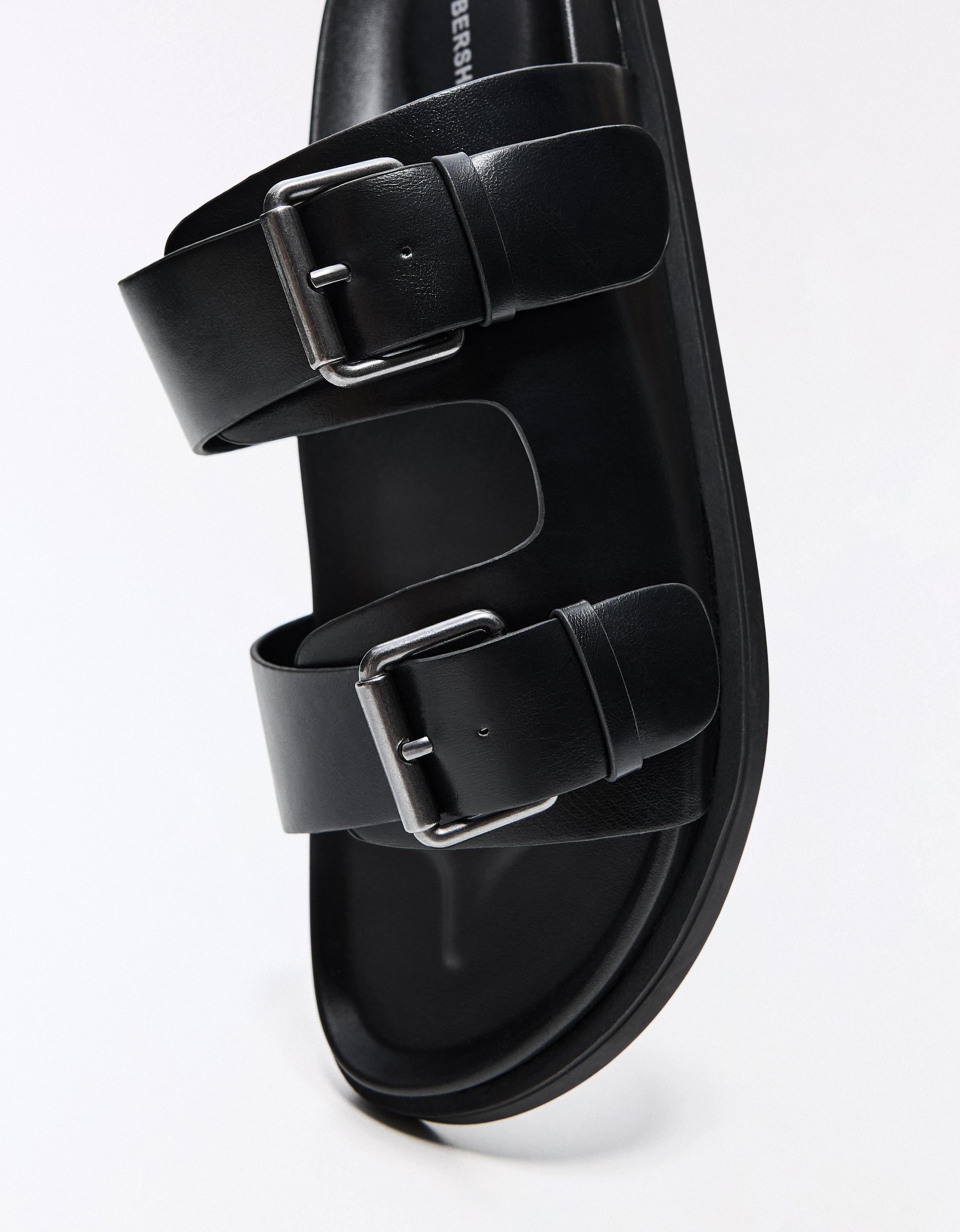 Buckled flat slider sandals — BLACK