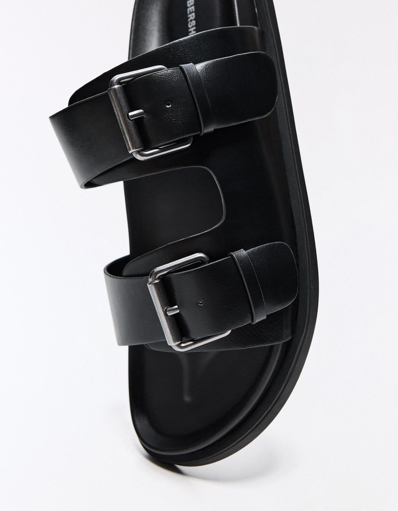 Buckled flat slider sandals — BLACK