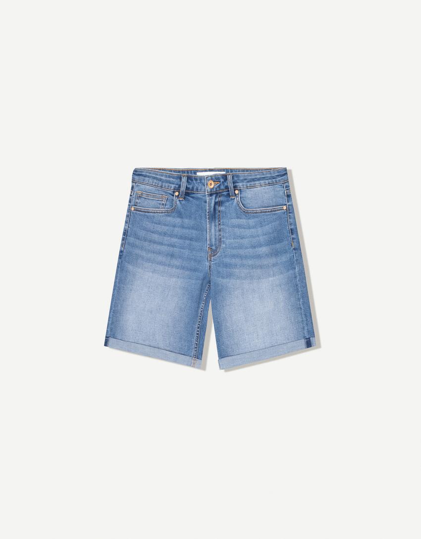 Bermuda denim bas retroussé-Bleu lavé