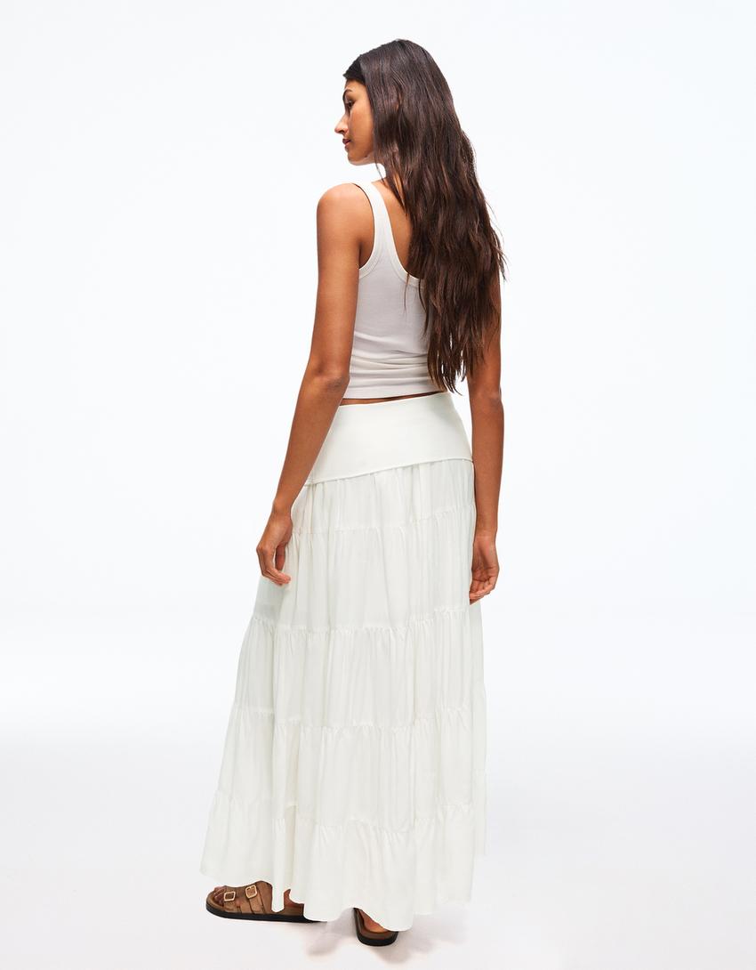 Fold-over waist midi skirt-White