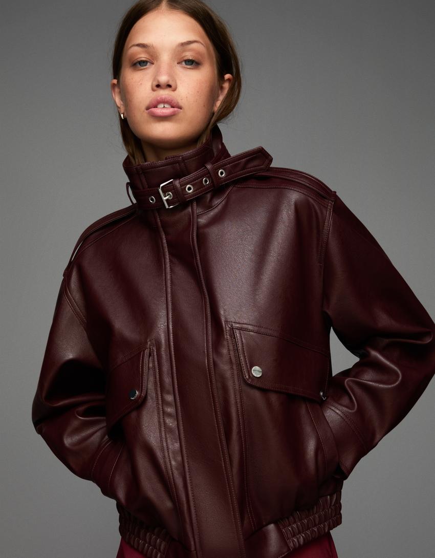 Jacke aus Kunstleder mit Taschen-Bordeaux-0