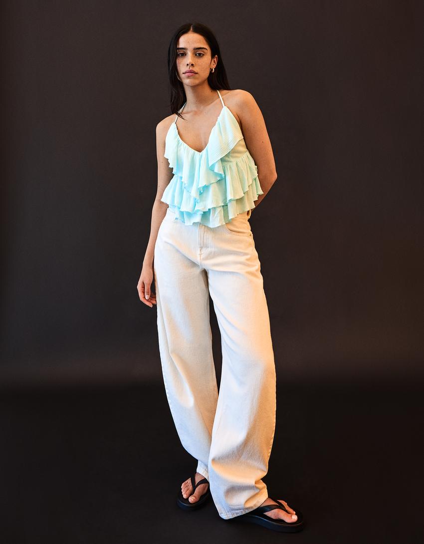 Textured strappy top with ruffles