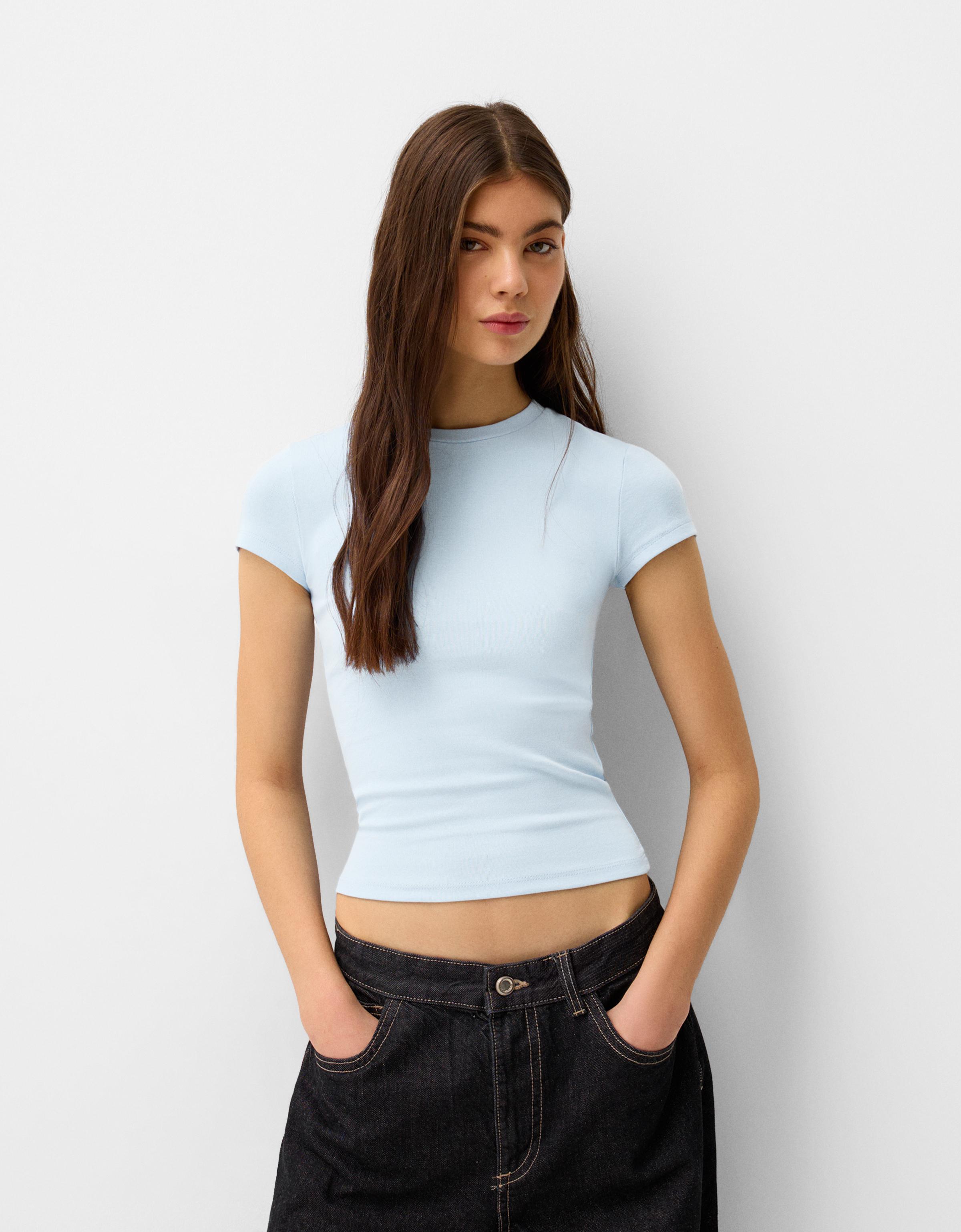 Bershka T-Shirt Rundausschnitt Damen Xl Hellblau