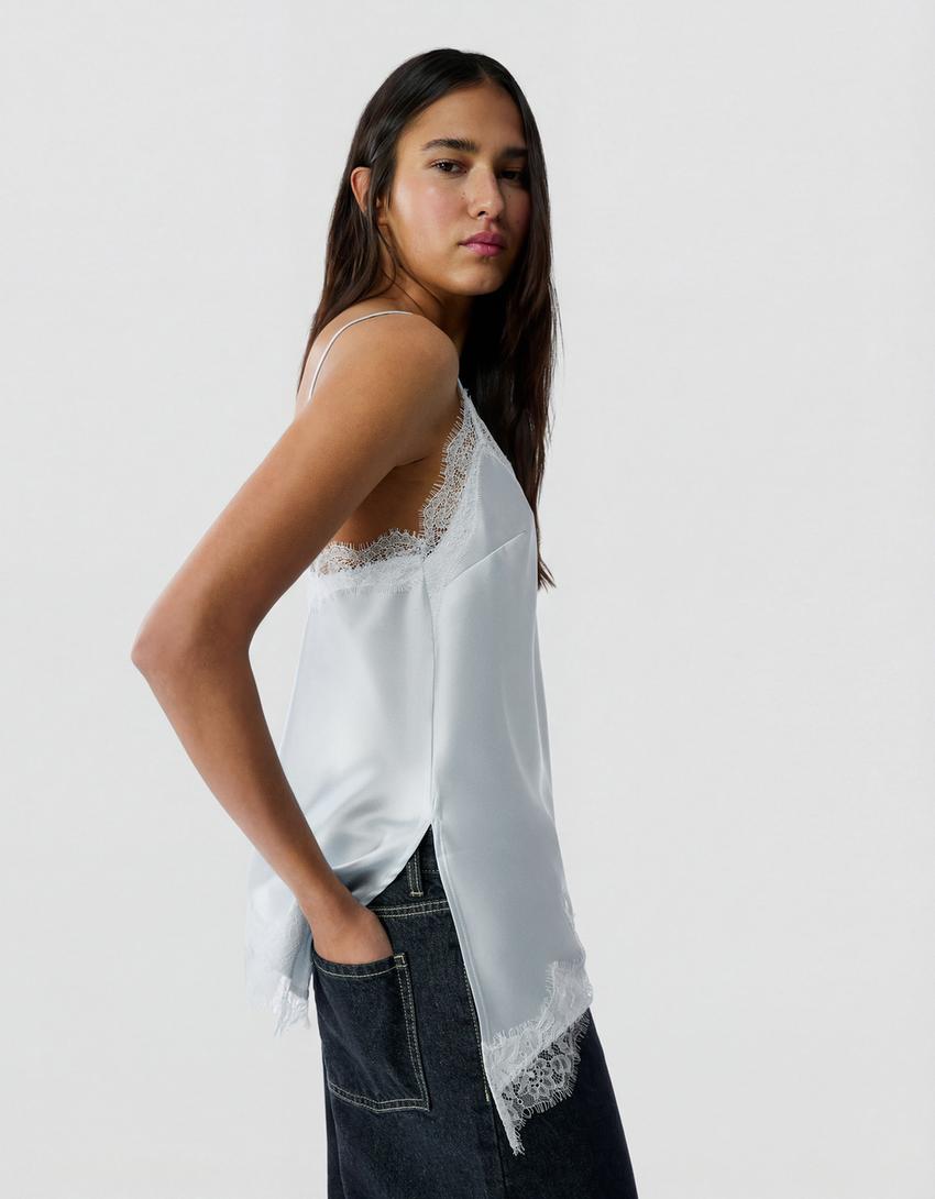 Top tirantes asimétrico satinado-Azul claro