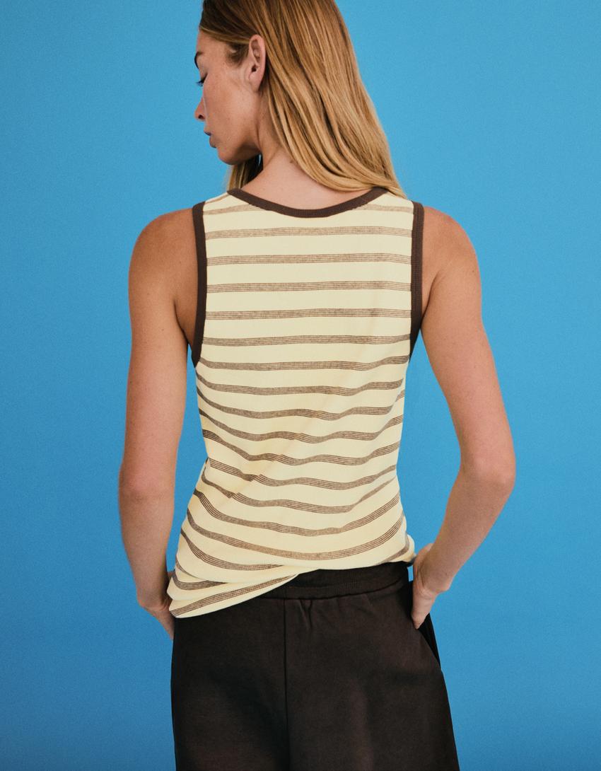 Ribbed striped contrast strappy T-shirt-Yellow