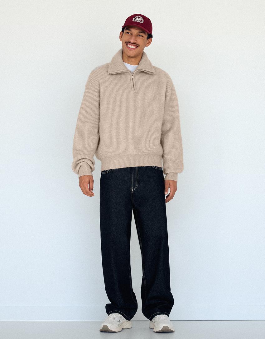 Pull col zippé-Beige