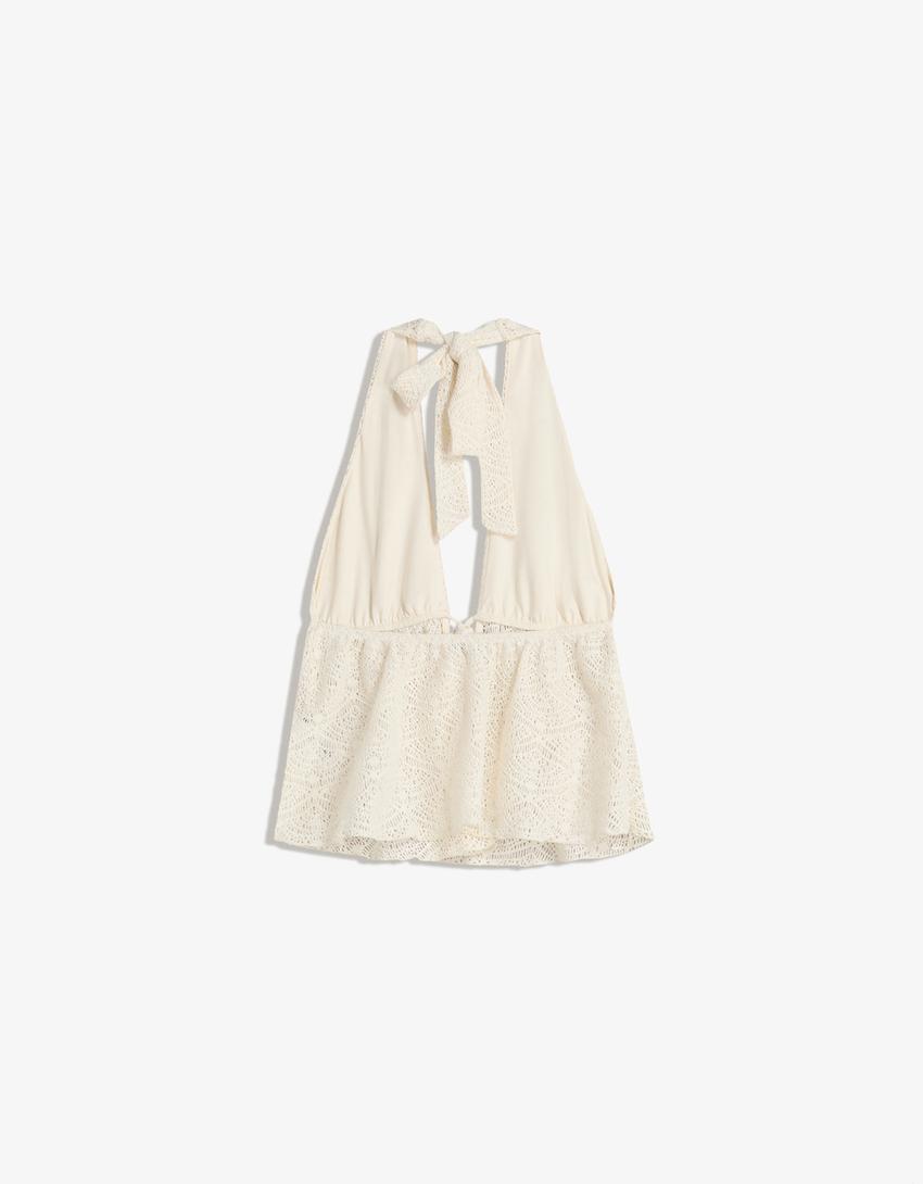 Rustic halter top with tie-Cream