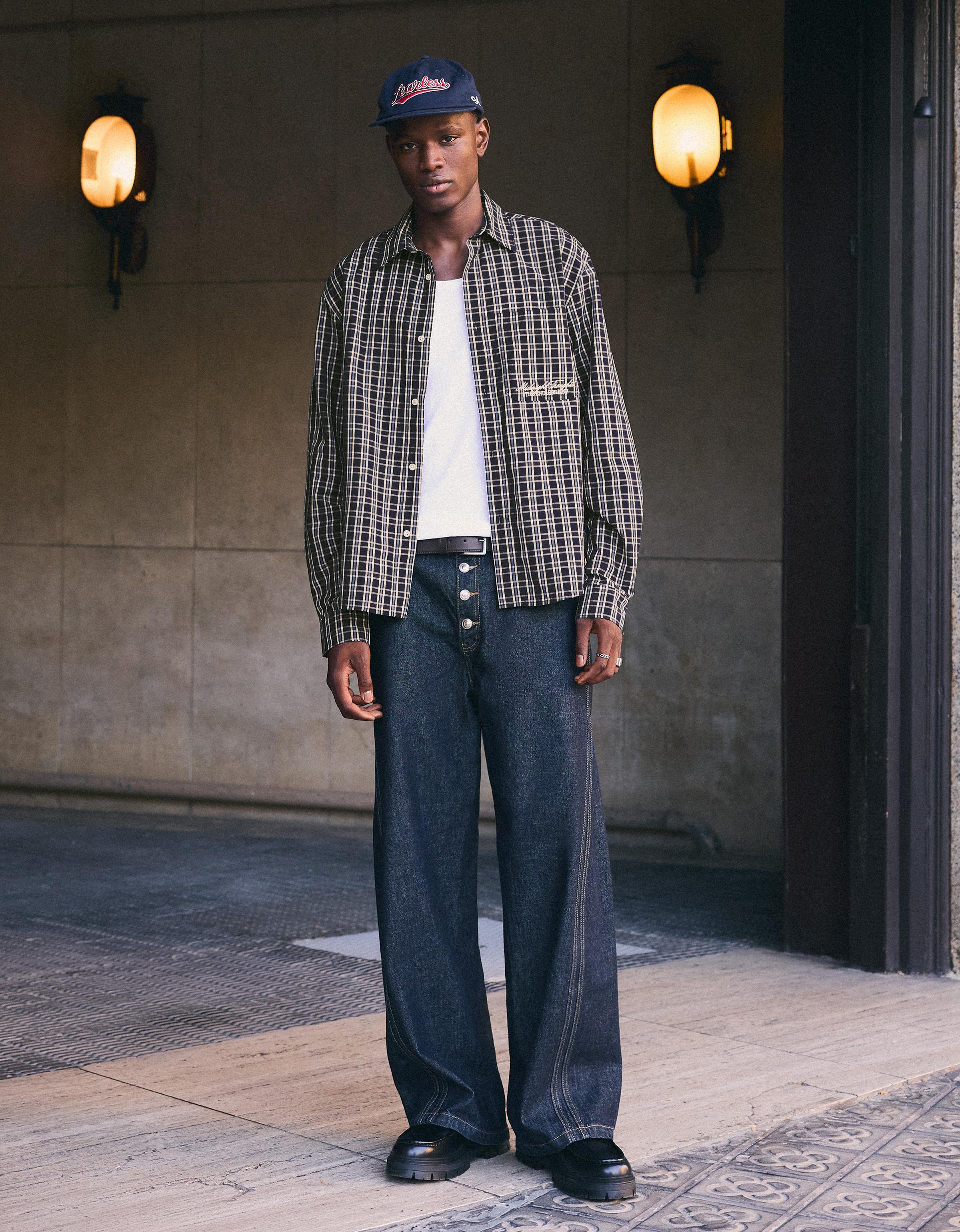 Long sleeve embroidered check shirt — Navy