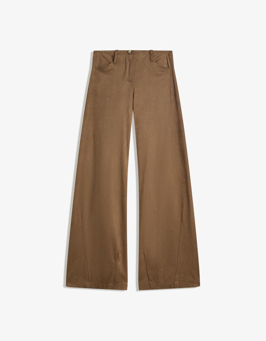 Wide-leg faux suede trousers Trousers Women Bershka