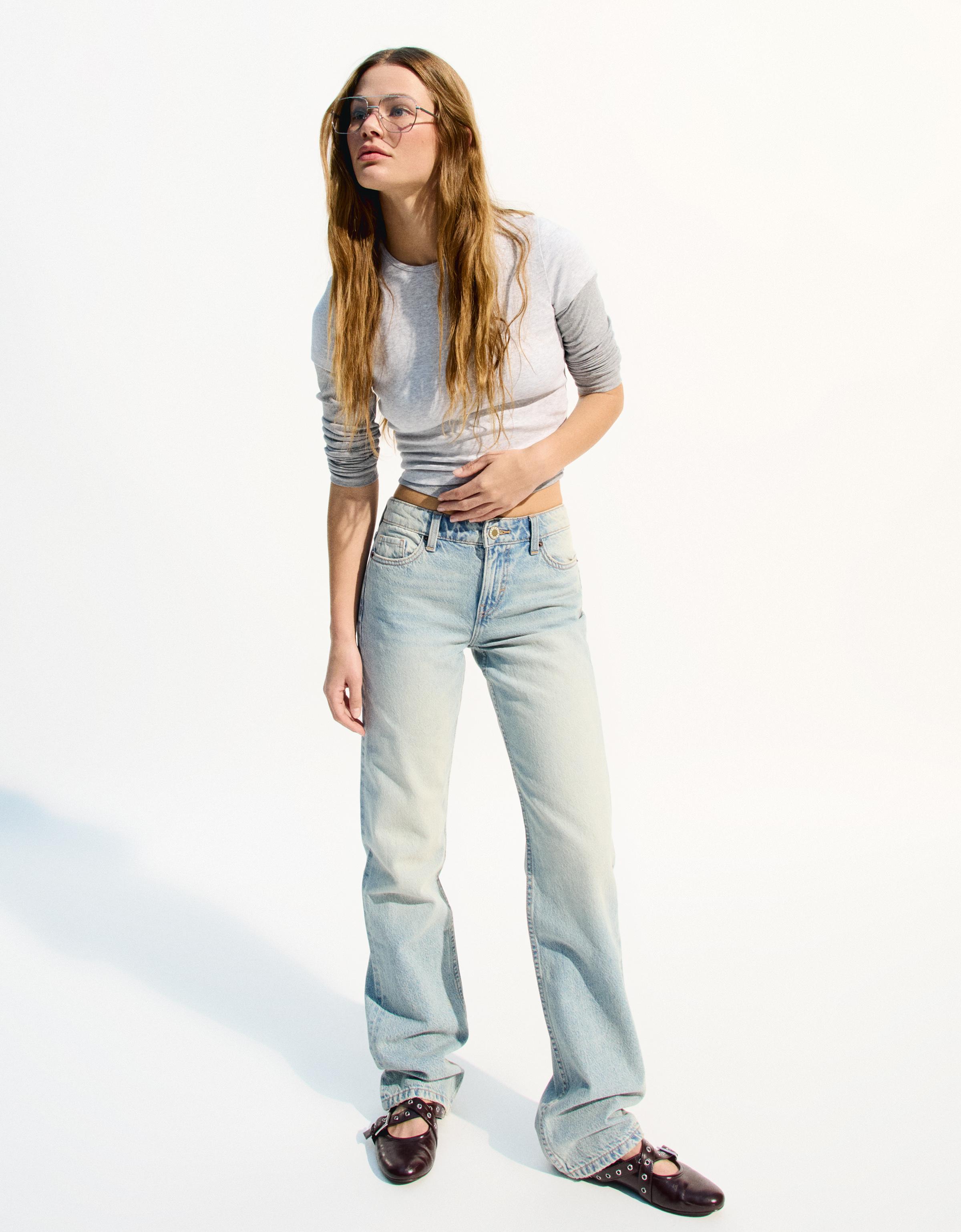 Bershka Jeans Im Straight-Fit Mit Tiefem Bund Damen 36 Ausgewaschenes Blau