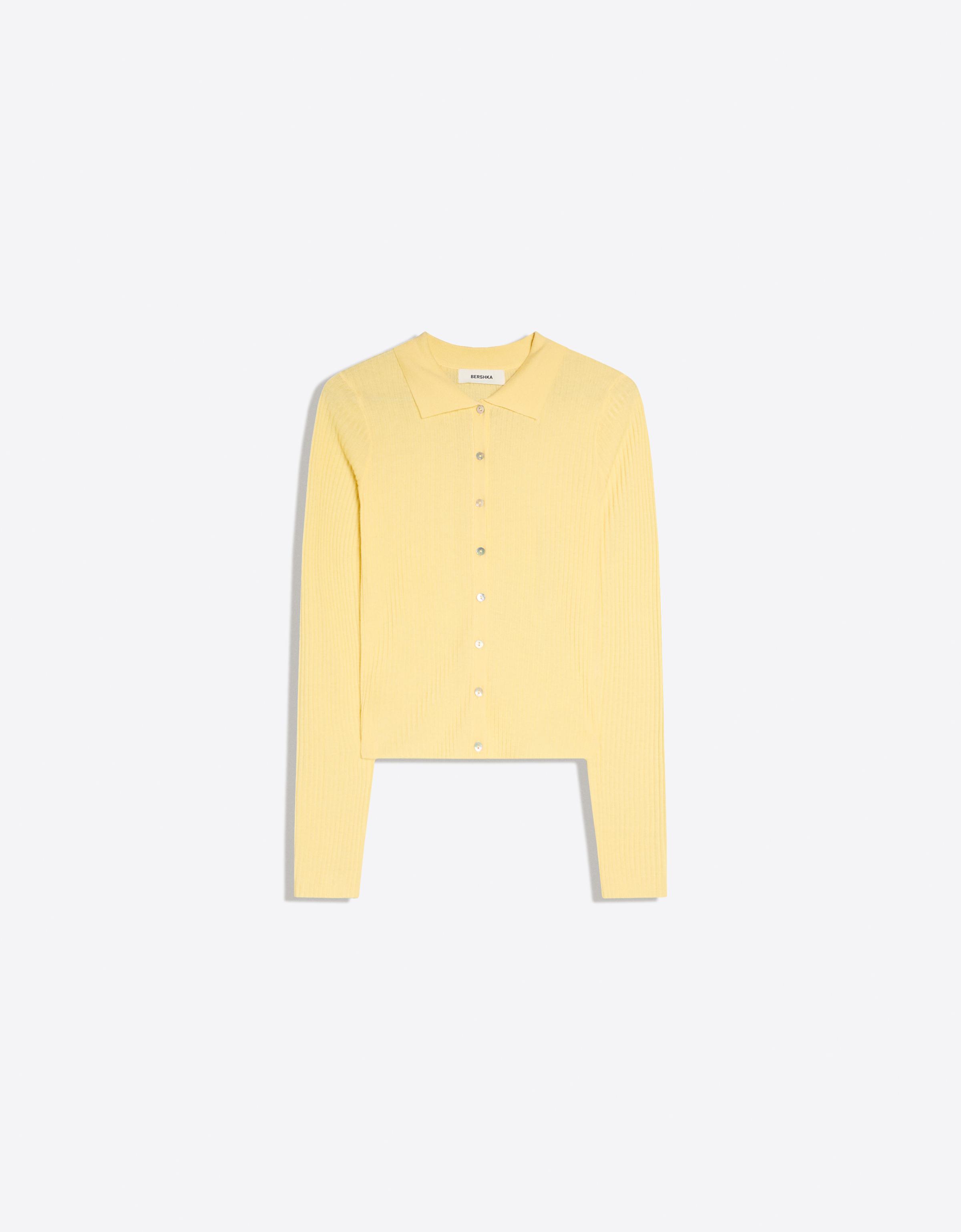 Fine knit polo collar cardigan — Yellow