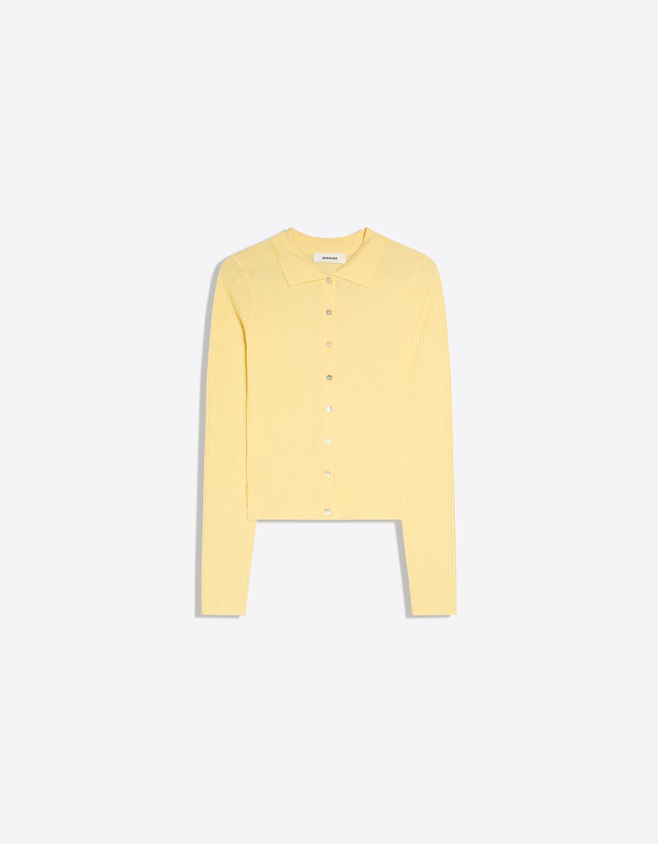 Fine knit polo collar cardigan — Yellow