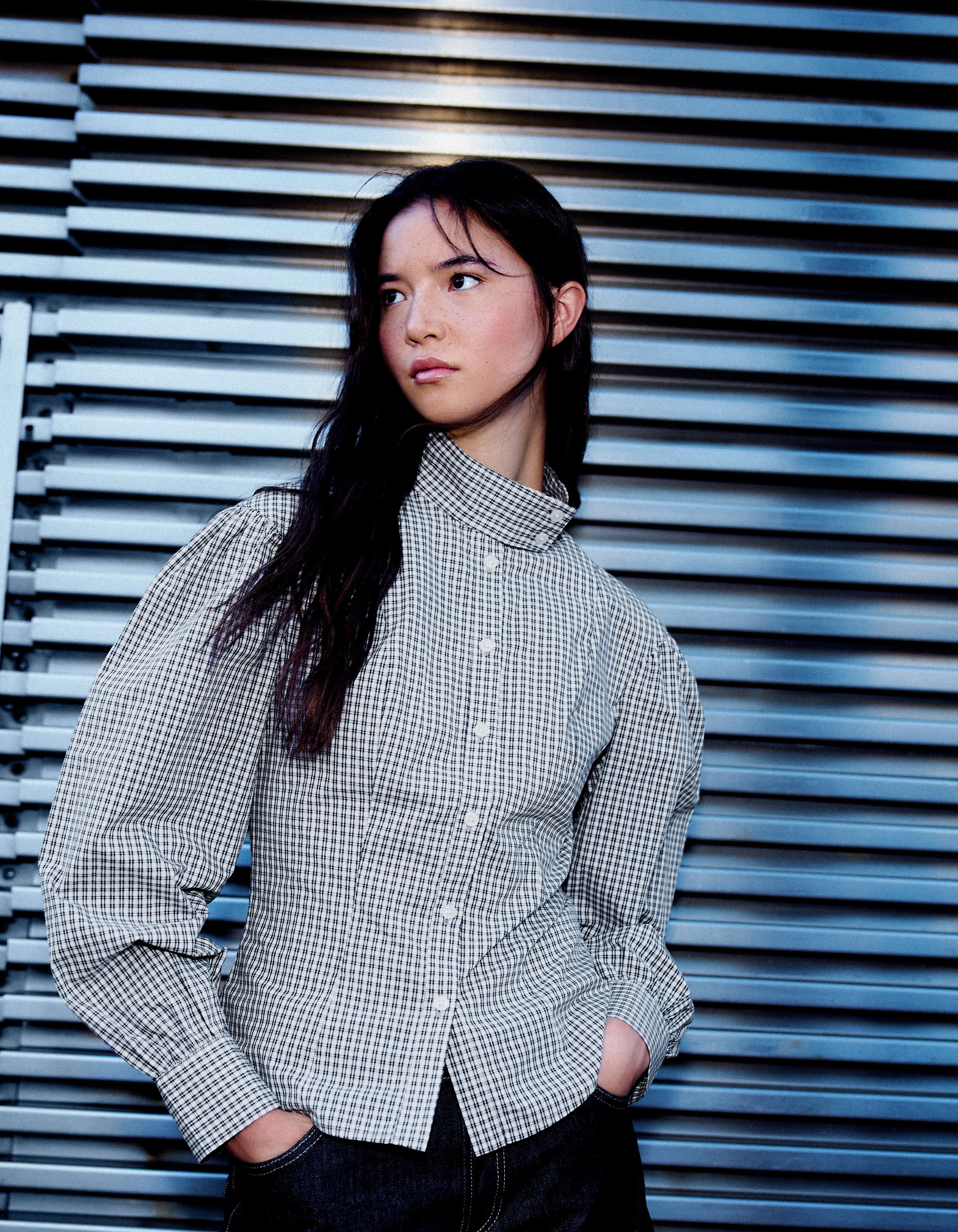 Long sleeve check funnel neck shirt — Cream
