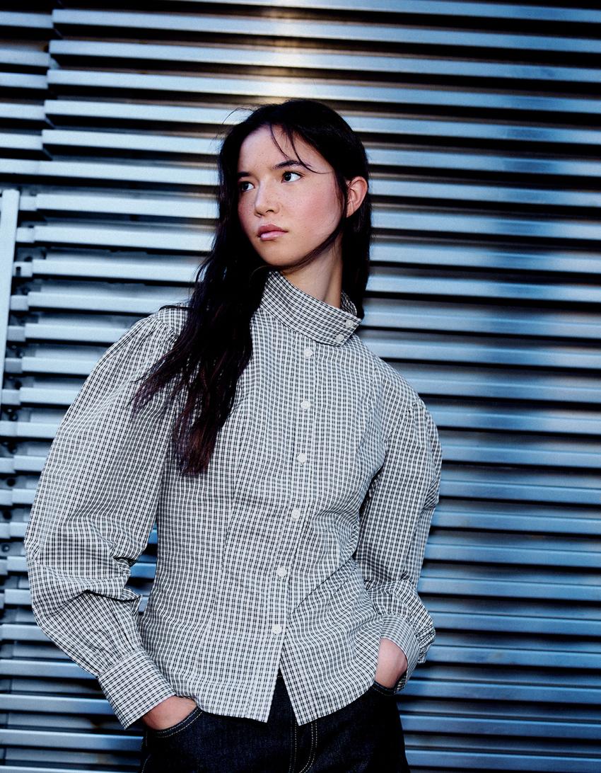 Camisa manga larga cuello funnel cuadros-Crudo
