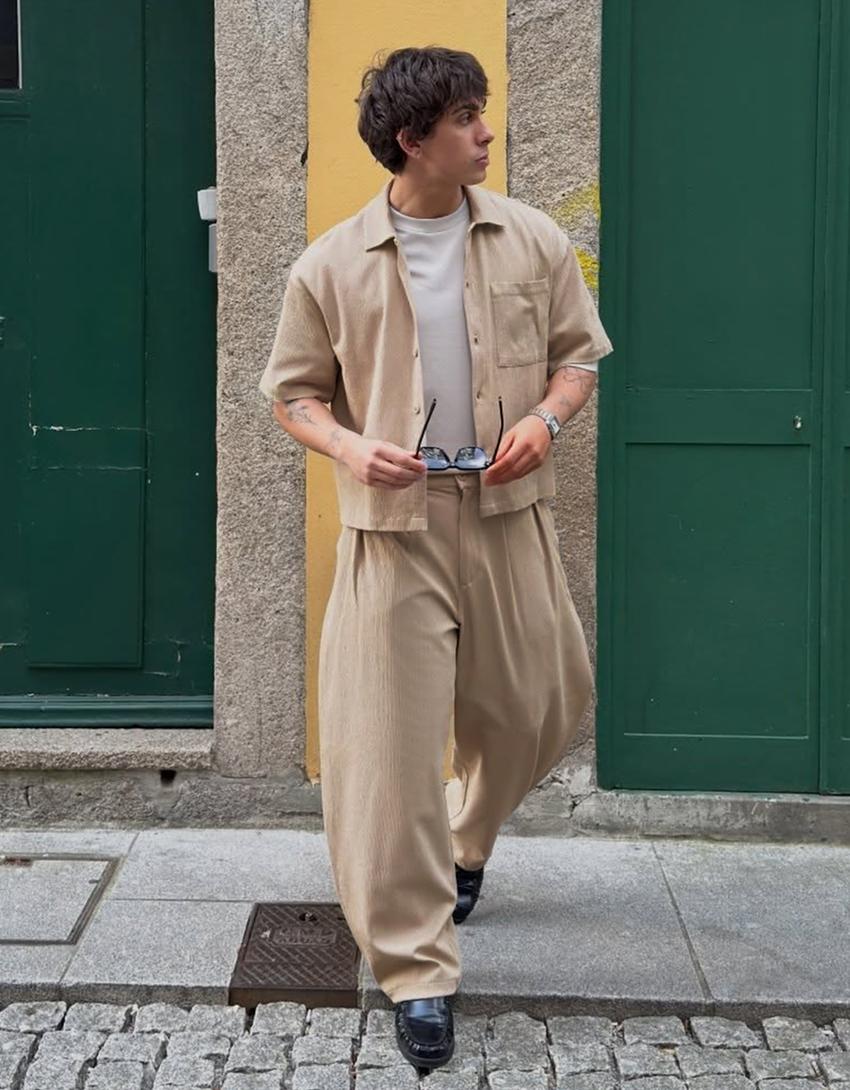 Pleated boxy fit short sleeve shirt-Sand