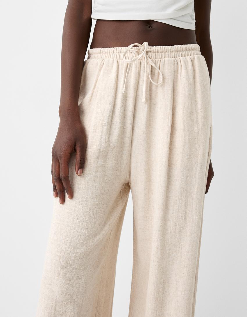 Culottes with linen and an elastic waist-Cream-3