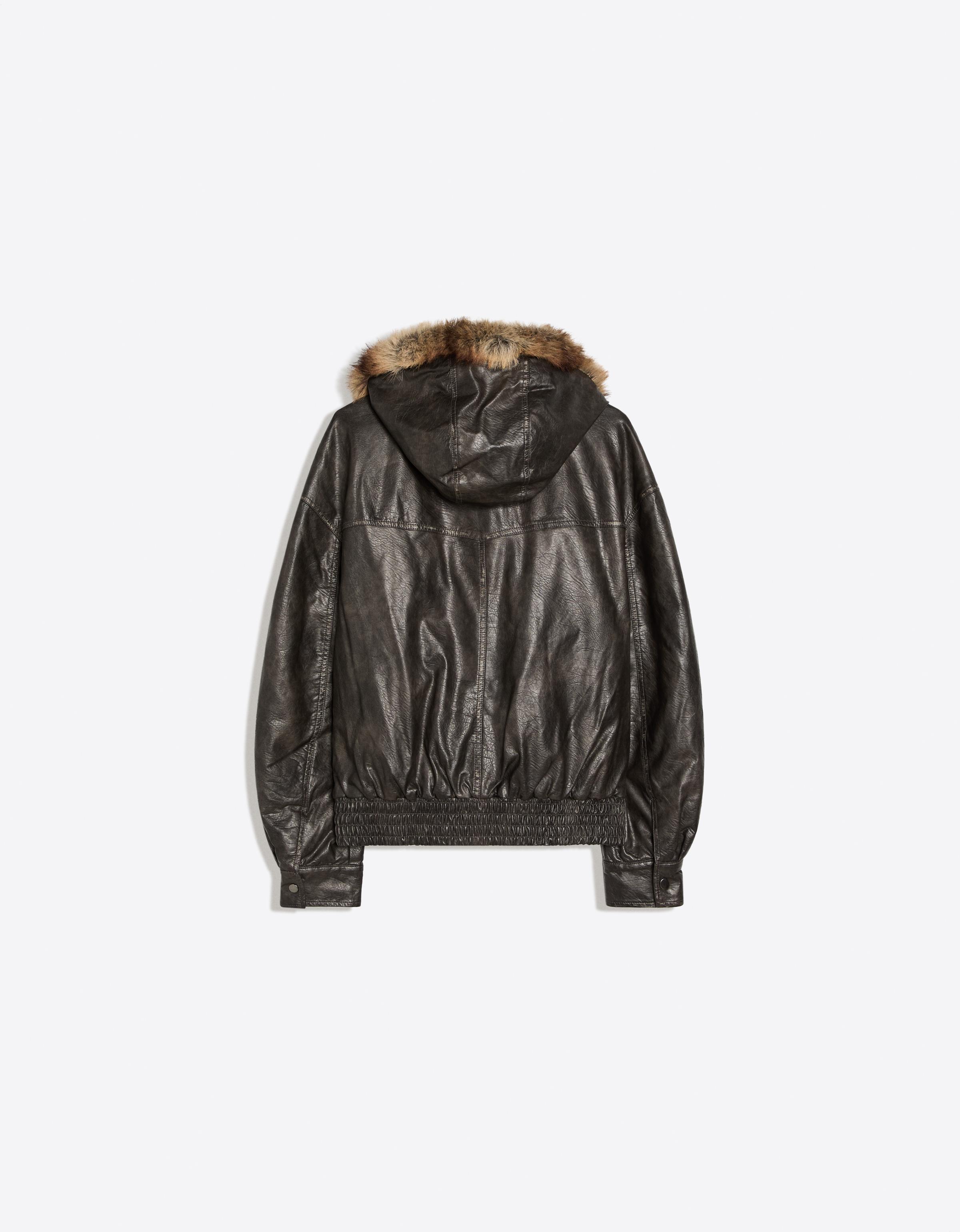 Leather effect jacket with faux fur hood — Brown