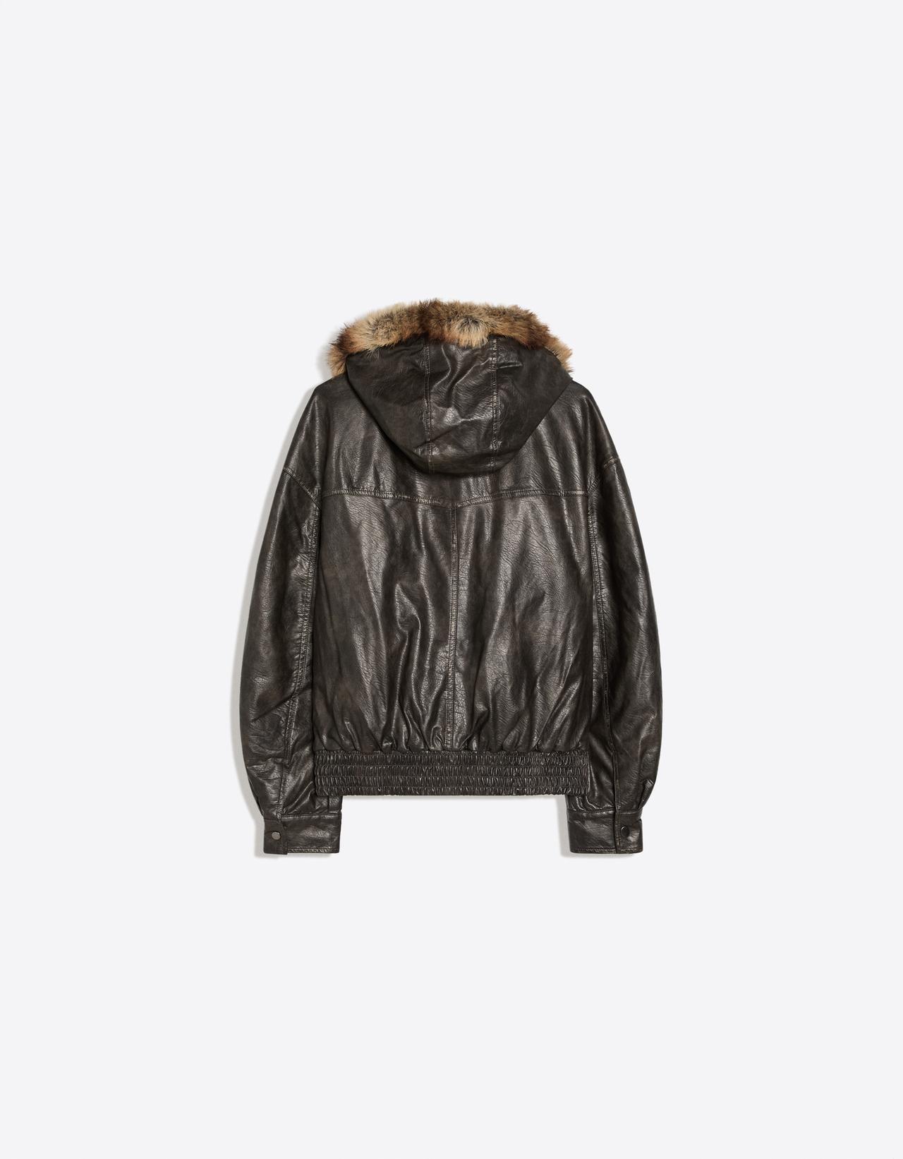 Leather effect jacket with faux fur hood — Brown