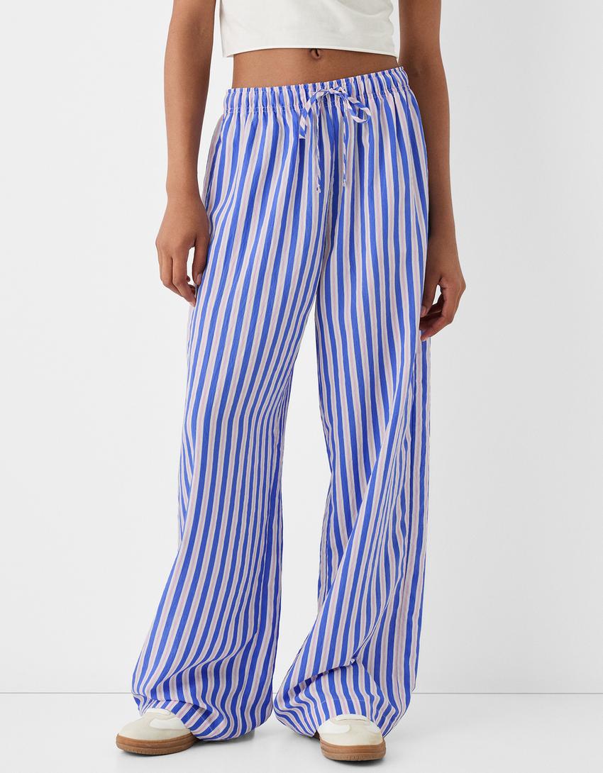 Flowing striped trousers with elastic waistband-Blue-1